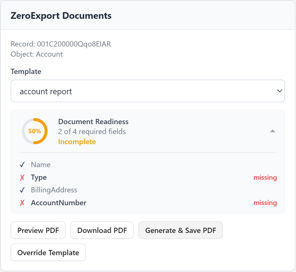 Document Readiness widget at 50%, Incomplete, with Type and Account Number flagged as missing