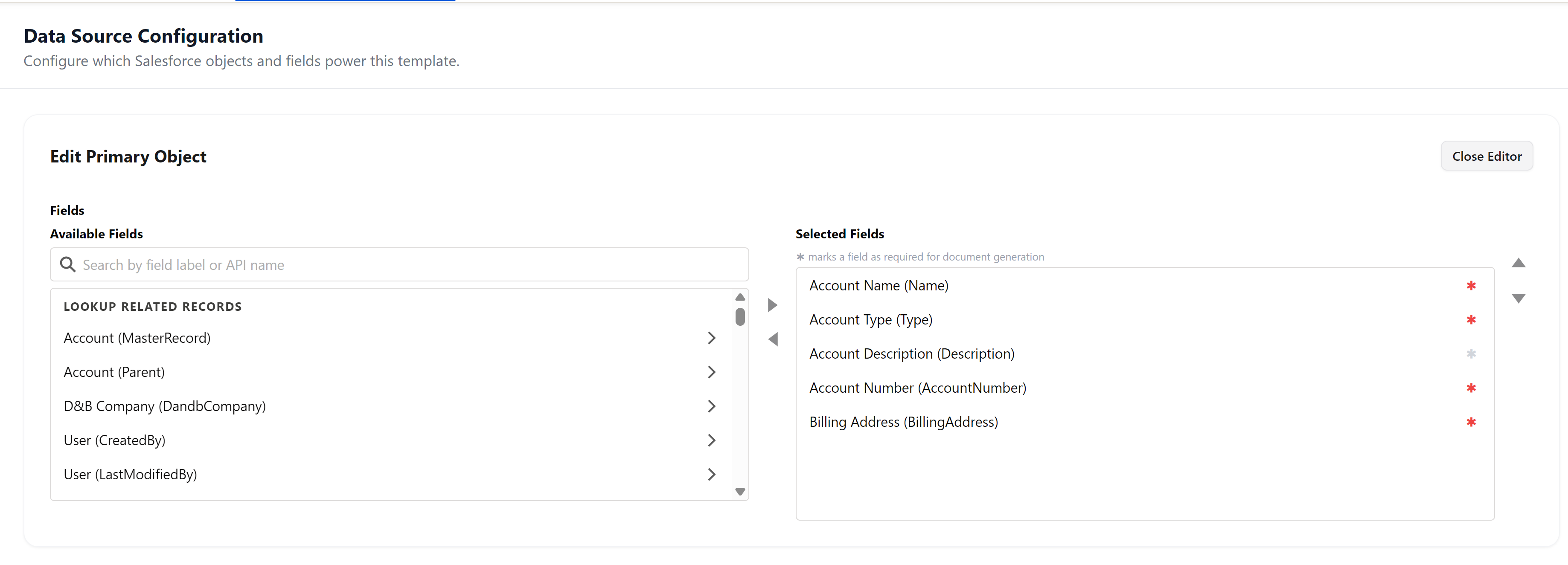 Data Source Configuration panel showing selected fields with required field markers