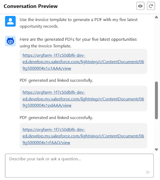 Agentforce chat showing batch generation result with multiple document links