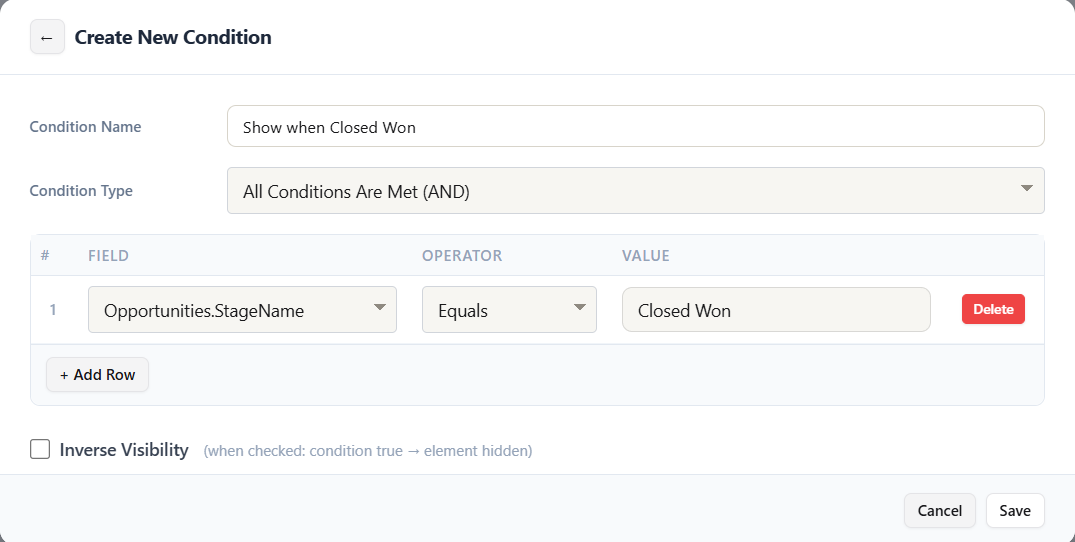 Condition editor showing name, condition type, and a table of Field, Operator, and Value rows