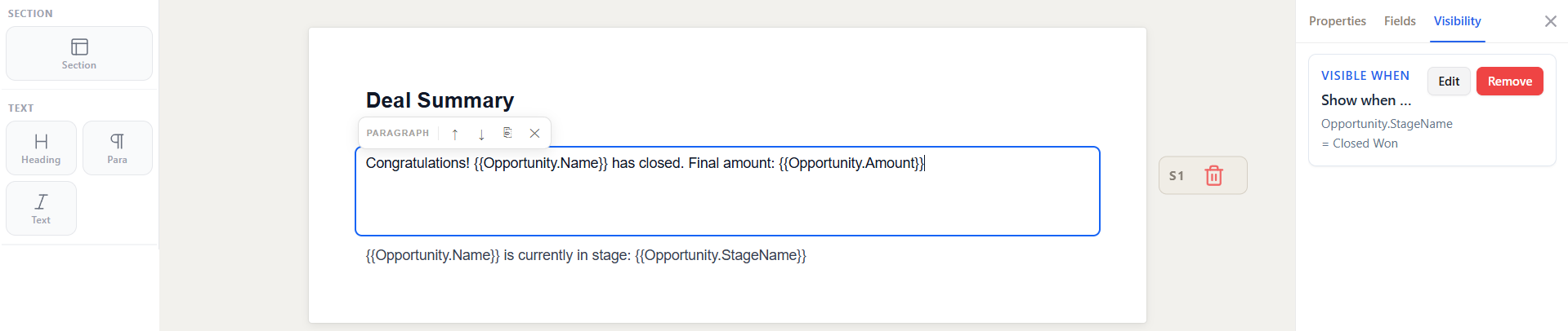 Visibility tab showing a configured Visible When condition on the selected element
