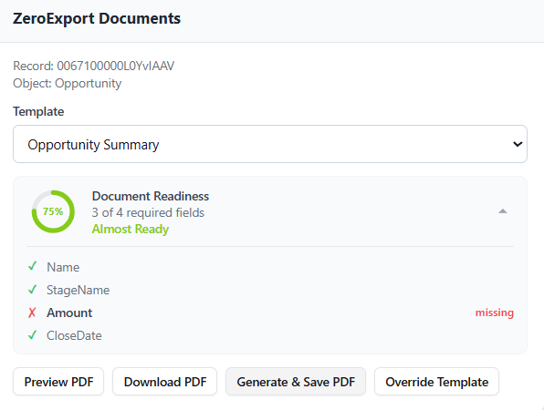 Expanded readiness breakdown showing present, missing, and no-access fields per required field