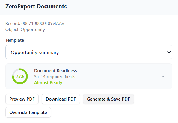 Document readiness gauge in the preview showing a completion score, required field count, and status label