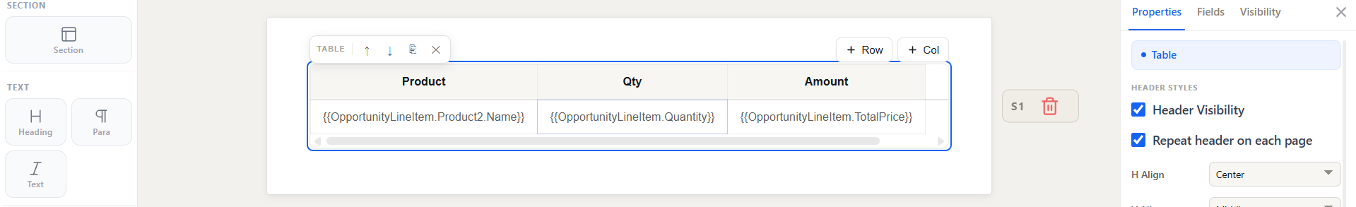 Single template body row expanding into one row per line item with the header row kept once