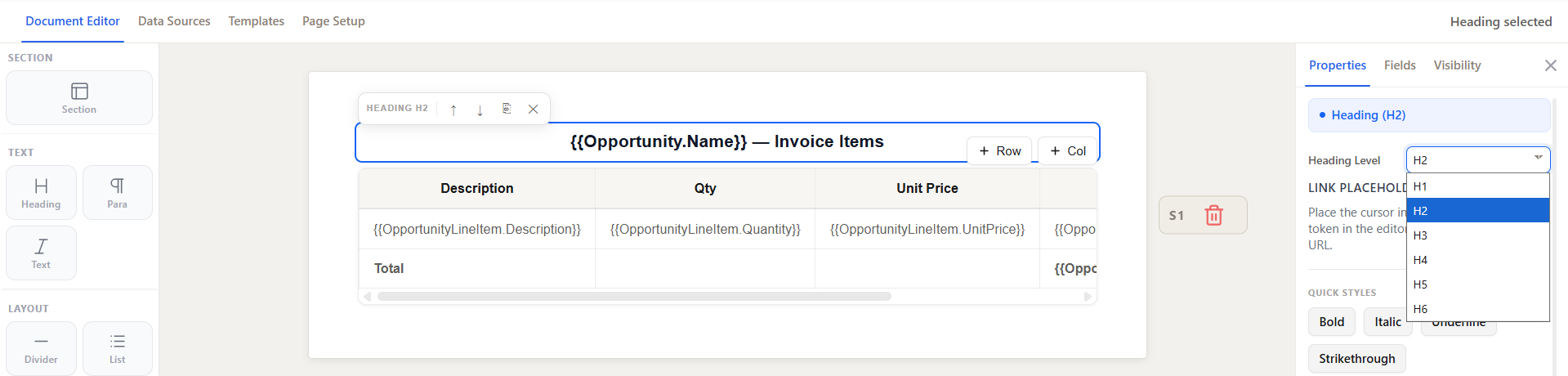 Heading Level picker shown when a Heading element is selected in the Properties panel