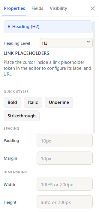 Properties tab with the selected element chip at the top and grouped controls below
