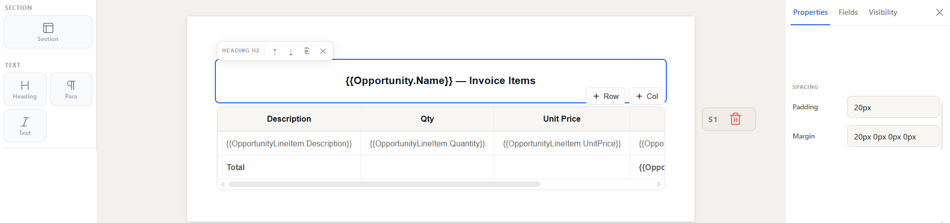 Padding and Margin controls under the Spacing group in the Properties panel