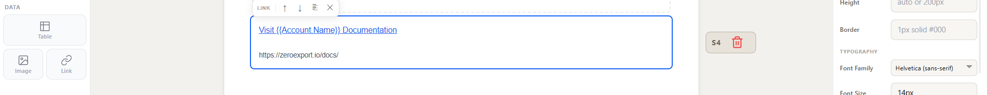 Clickable link element with label using the Account.Name merge field and a hardcoded destination URL