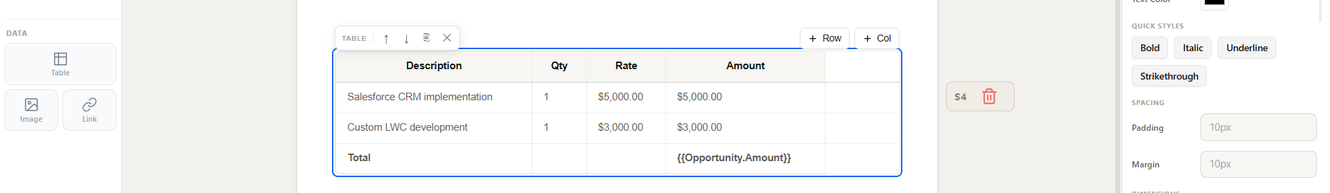 Invoice line items table with hardcoded service rows and total pulled from the Opportunity.Amount merge field