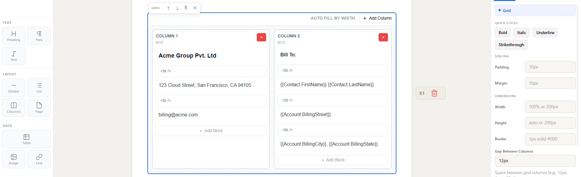 Two-column layout with hardcoded sender details on the left and merge field recipient details on the right