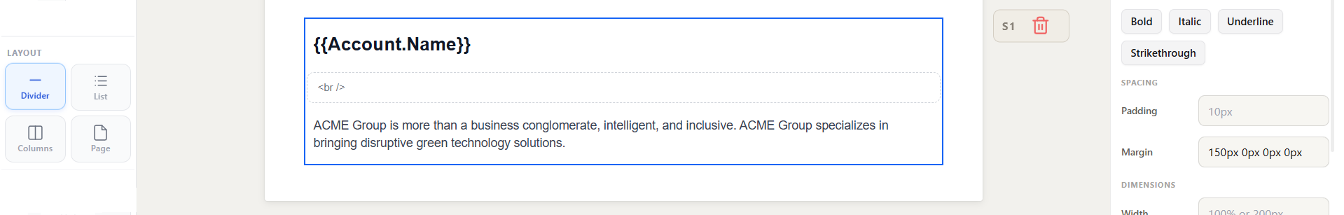 Divider sitting between the Account.Name merge field heading and the description paragraph