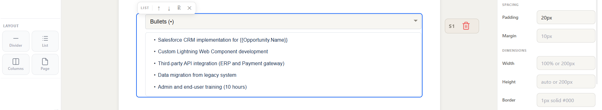 Bullet list with first item using the Opportunity.Name merge field and remaining items hardcoded