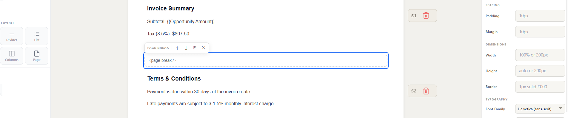 Invoice Summary section with page break element, followed by Terms and Conditions starting on a new page
