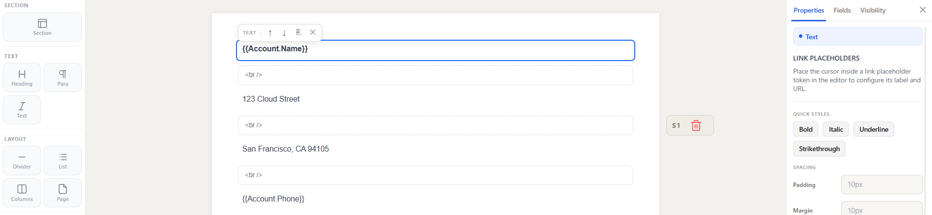 Text elements stacked tightly in a section with Dividers between them for minimal spacing