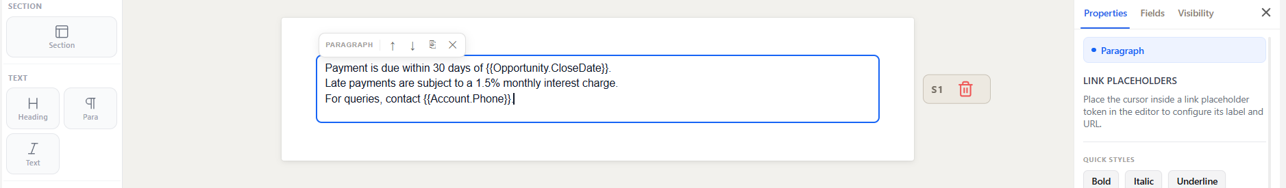 Para element on the canvas showing a payment terms block with merge fields for date and phone